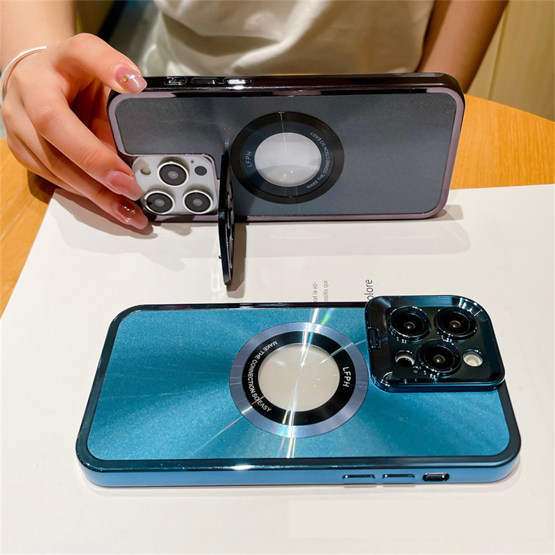 Electroplated Phone Case Luxury Plating CD Pattern Magsafe Bracket Case For 12 13 14 Pro Max Invisible Camera Stand Holder Lens Holder Magnetic Suction - Image 7
