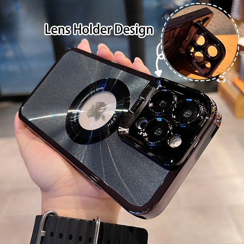 Electroplated Phone Case Luxury Plating CD Pattern Magsafe Bracket Case For 12 13 14 Pro Max Invisible Camera Stand Holder Lens Holder Magnetic Suction - Image 5