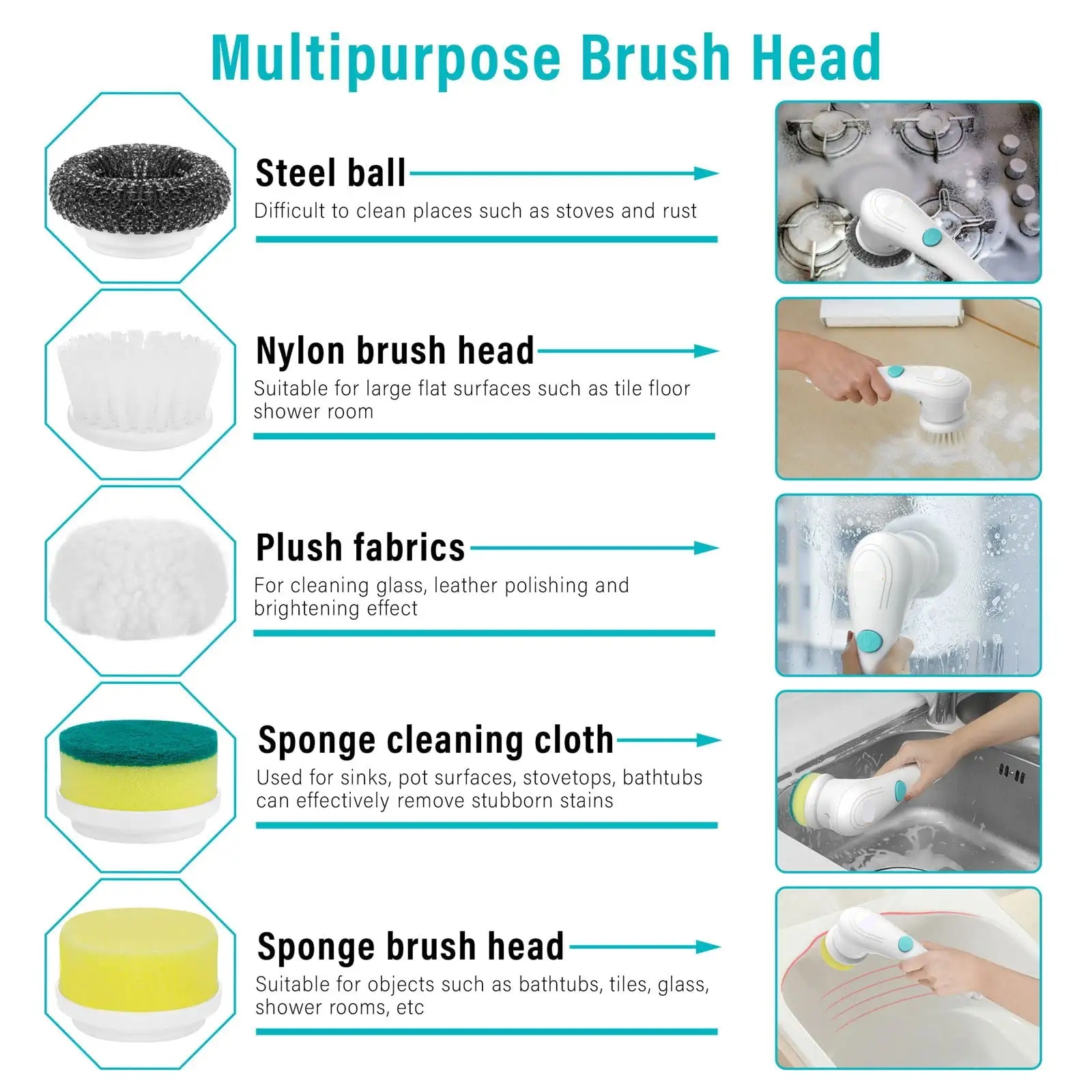 Multifunctional Electric Handheld Kitchen Household Dishwashing Brush Handheld Scrubber Bathtub Sink Bathroom Kitchen Tile Cleaning Tool Drill Brush Set With 5 Heads - Image 4