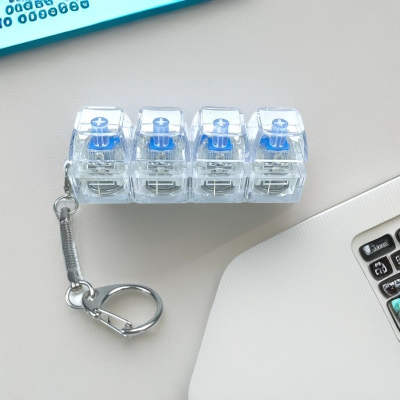 4Keys Mechanical Keyboard Electronic Luminous Transparent Crystal Height Pressure Reduction Finger Button Anti Stress Keycap Toy Schoolbag Pendant Keychain Decompression Clicker Gadget Gift - Image 2