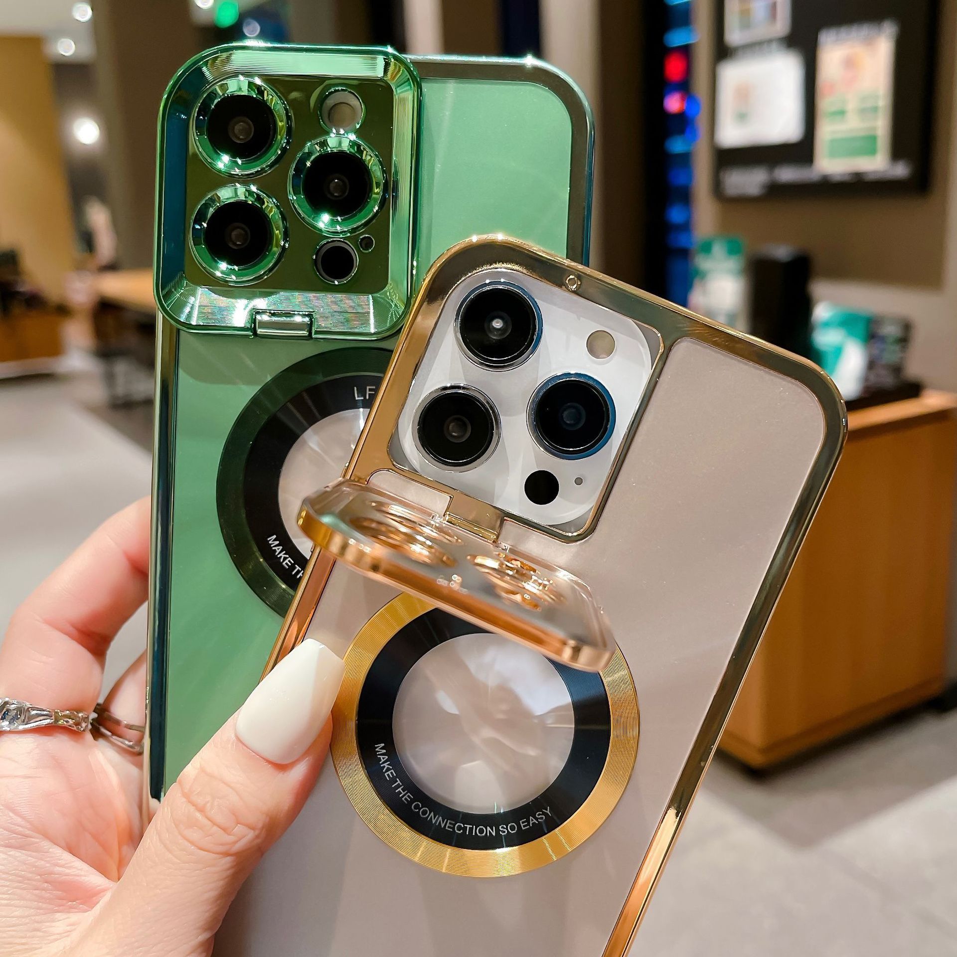 Electroplated Phone Case Luxury Plating CD Pattern Magsafe Bracket Case For 12 13 14 Pro Max Invisible Camera Stand Holder Lens Holder Magnetic Suction - Image 6