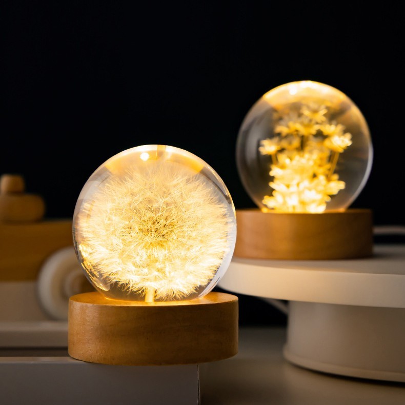 Luminous 3D Dandelion Crystal Ball Beech Wood Stand Base Preserved Flower Sphere Ball Desktop Ornaments Bithday Christmas Gifts - Image 2