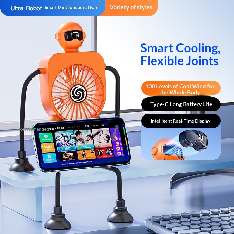 Robot Fan USB Rechargeable Desk Fan Mini Digital Display Table Fan With Suction Cup Portable Cooling Office Car Travel - Image 4
