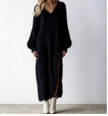 Chic Split Knitted Dress With Buttons Design Winter V-Neck Fleece Maxi Dresses Evening Party Club Fashion Women's Clothing - Image 7