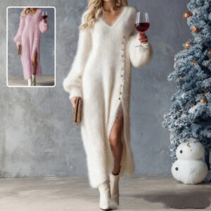 Chic Split Knitted Dress With Buttons Design Winter V-Neck Fleece Maxi Dresses Evening Party Club Fashion Women's Clothing