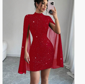 Women's Sexy Elegant Evening Party Dresses Round Neck Pit Stripe Pearl Chiffon Cape Sleeve Wrapped Hip Dress - Image 9