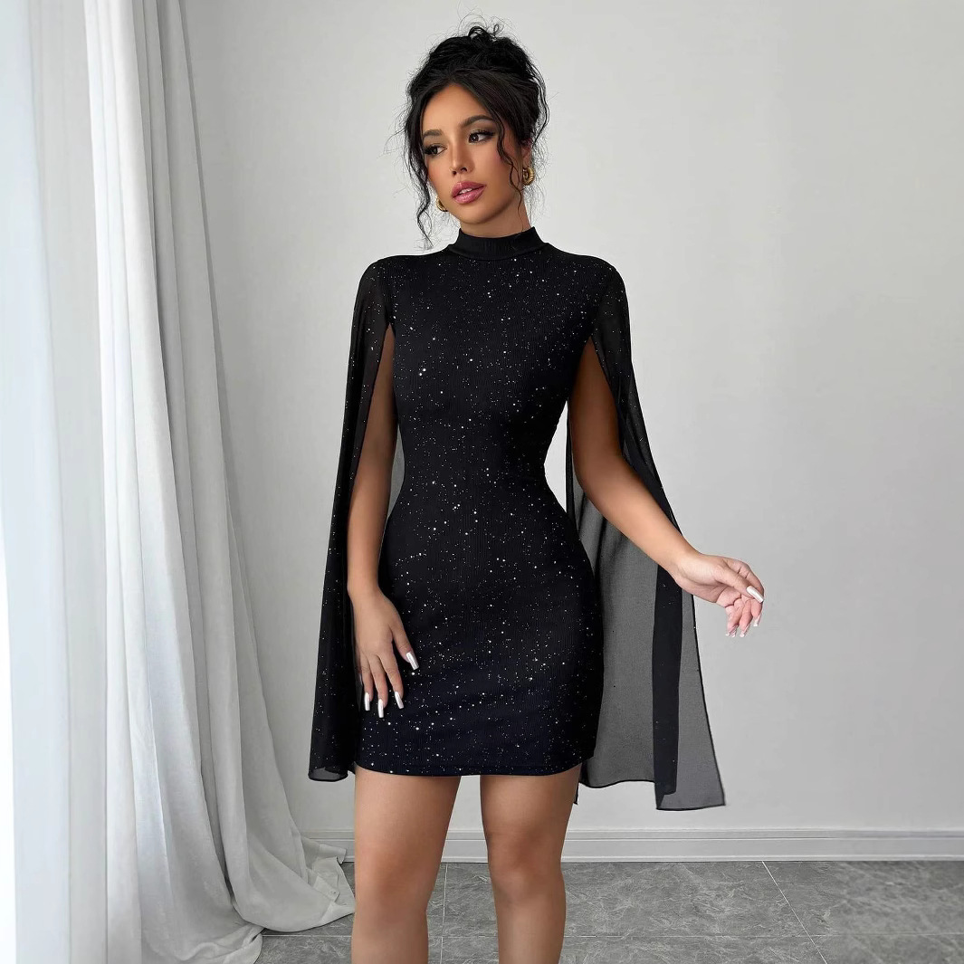 Women's Sexy Elegant Evening Party Dresses Round Neck Pit Stripe Pearl Chiffon Cape Sleeve Wrapped Hip Dress - Image 5